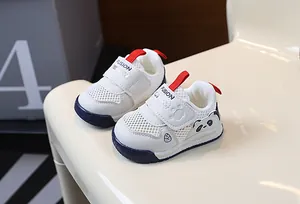 White breathable mesh toddler shoes with panda design and red accents