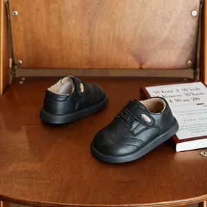 Classic black British style toddler leather shoes with non-slip soft soles