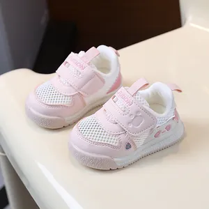 Breathable pink mesh toddler panda sneakers featuring soft soles and adjustable velcro straps.