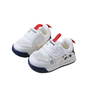 Breathable white mesh toddler shoes with cute panda design and soft soles for babies
