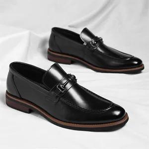 Classic black men's leather dress loafers with metal buckle detail for business and weddings