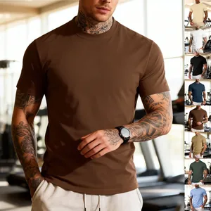 Macro view of multiple color options for men's athletic crew neck workout t-shirts