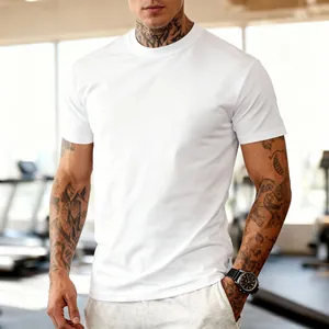 Detail of a men's white crew-neck sports T-shirt on a muscular model in a gym.