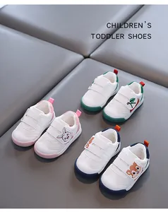 Three styles of cartoon toddler walker shoes with non-slip soft soles and hook-loop straps