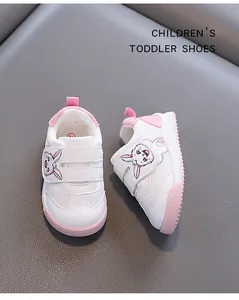 Toddler walking shoes featuring a cute rabbit cartoon and a non-slip soft pink sole