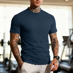 Detail view of men's navy blue crew neck quick-dry t-shirt for gym fitness athletic training
