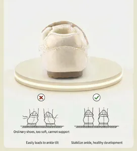 Detail van de versterkte hielsteun voor baby loopschoenen om kantelen van de enkels te voorkomen