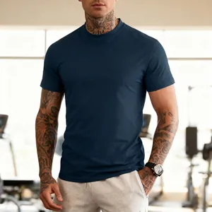 Detailed view of navy blue quick-dry athletic T-shirt for men's fitness training