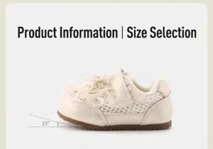 Detailweergave van beige mesh sneakers voor peuters met strik en 15-graden neuslift