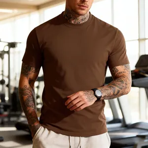 Close-up of brown breathable men's crewneck T-shirt for sports fitness