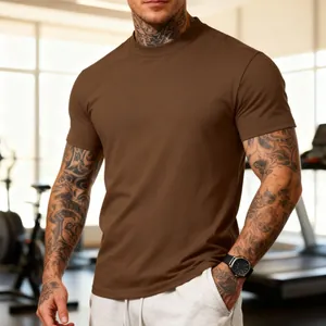 Close-up detail of a brown quick-dry fitness T-shirt for men in a modern gym setting