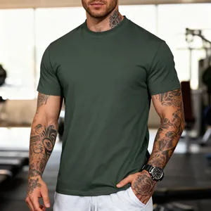 Close-up view of olive green moisture-wicking fitness t-shirt on an athletic model