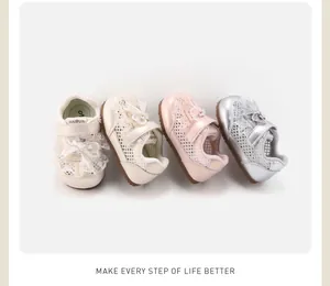 Detail showing four colors of toddler girl bow shoes with breathable mesh and lace