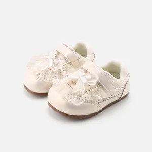 Cream white baby girl walking shoes with lace butterfly and non-slip rubber sole