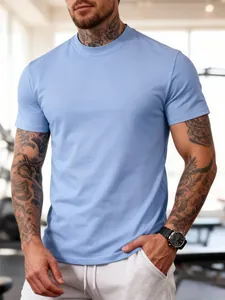 Men's light blue crew neck sports T-shirt for fitness and gym training sessions