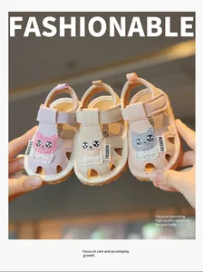 Three pairs of baby cartoon cat sandals shown in soft pastel colors for summer