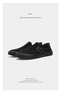 Detailed side view of men's black canvas slip-on loafers with white contrast stitching