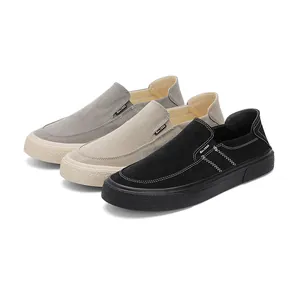 Casual men's minimalist slip-on canvas loafers in grey beige and black colors