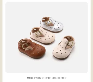 Toddler T-strap leather shoes with soft soles and breathable punch holes for infants
