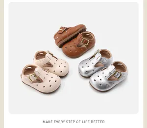 Overview of toddler T-strap soft-sole shoes in brown, beige, and silver colors