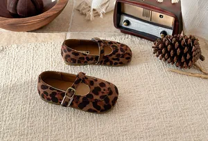 Elegant girls' leopard print T-strap flats with square toe and vintage buckle detail