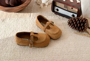 Detailed macro view of brown suede T-strap Mary Jane shoes for girls on a cozy rug.