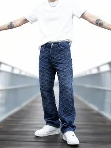 Jeans en Denim Homme Streetwear Géométrique 3D Losanges Taille Moyenne Jambe Droite Jambe Large Bord Effiloché Pantalon Mode Lavé