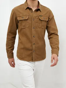 Chemise en Jean Décontractée pour Hommes Manches Longues Boutonnée Marron Workwear Top Mélange Coton Ample Couleur Unie