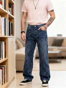 Men Jacquard Jeans Cotton Blue Straight Leg Streetwear Retro Rhombus Fringed Denim Casual Pants For Daily Wear Youth Fashion