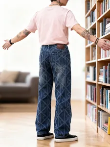 Men's stylish blue denim pants with a unique diamond crochet pattern in a library.