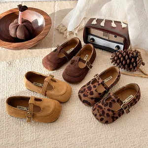 Girls Retro T-Strap Mary Jane Shoes Leopard Print Suede Square Toe Flat Casual Loafers For Spring Autumn Kids Daily Footwear