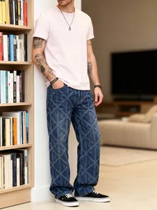 Men's trendy blue straight-leg jeans with diamond pattern in a casual lifestyle setting
