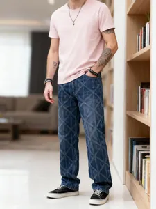 Casual men's blue denim jeans featuring a stylish all-over diamond pattern and relaxed fit.