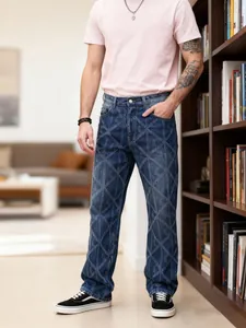 Men's trendy dark blue jeans with quilted diamond pattern in casual lifestyle setting