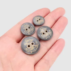 Vintage grey horn buttons with gold anchor pattern for high-end clothing accessories