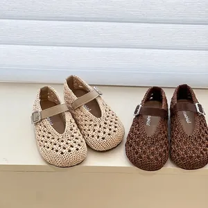 Side-by-side view of beige and brown woven hollow Mary Jane sandals for girls shoe