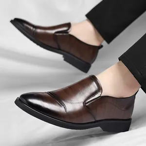 Classic men's brown leather business formal dress shoes in a casual slip-on style