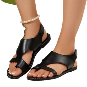 Modische schwarze Römersandalen in Übergröße mit Klettverschluss und Zehenschlaufe