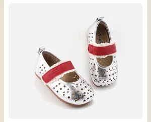 Girls' silver hollow-out leather shoes with red lace velcro strap and soft sole