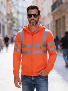 Leuchtend orangefarbene Herren-Outdoor-Kapuzenjacke mit silbernen Reflexstreifen