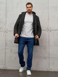 Vista dettagliata dei jeans da uomo in denim blu elasticizzato con taglio dritto