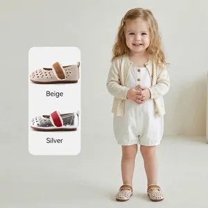 Breathable toddler girls hollow out flat shoes with lace strap and soft sole in beige color