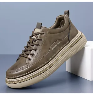 Side detail of men's brown leather casual sneaker featuring thick soft rubber sole