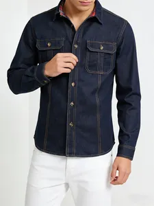 Men Casual Long Sleeve Denim Shirt Contrast Stitching Cotton Workwear Top Dark Blue Button Down Pocket Shacket Outwear