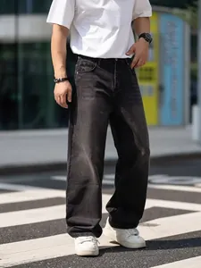 Men's loose straight-leg retro washed black jeans for a casual street style look.