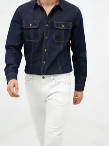 Classic men's dark navy denim long-sleeve shirt with functional double chest pockets
