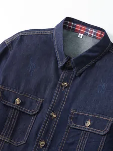 Men's dark blue denim workwear shirt jacket with pocket details and size M label