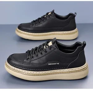 Classic black leather board shoes for men with thick beige platform sole and lace-up design