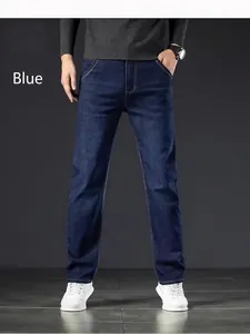 Jeans da uomo in denim elastico a gamba dritta in lavaggio blu scuro per primavera e autunno