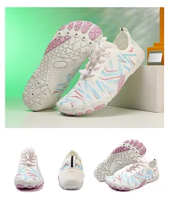 Multi-angle view of white water shoes with blue and pink accents for beach and snorkeling